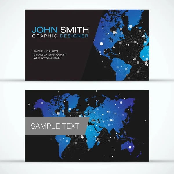 Conjunto de tarjetas de visita modernas elegantes - Mapa del mundo azul con malla de polígono abstracta blanca sobre fondo negro - EPS10 Vector Design — Archivo Imágenes Vectoriales