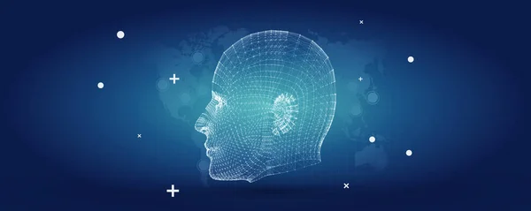 Inteligência Artificial com Cyborg Mesh Face Vector Illustration Background - Modelo Futurista de Apresentação de Negócios —  Vetores de Stock
