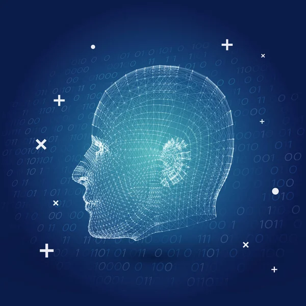 Kunstmatige intelligentie met Cyborg Mesh gezicht Vector Illustratie achtergrond - futuristische Business presentatiesjabloon — Stockvector