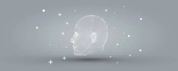 Inteligencia artificial con fondo de ilustración de vectores de cara de malla blanca de Cyborg - Plantilla de presentación de negocios futurista gris — Vector de stock