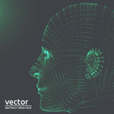 Yapay zeka yeşil Cyborg Mesh yüz vektör çizim gri arka plan - fütüristik iş tanıtımı şablon üzerinde