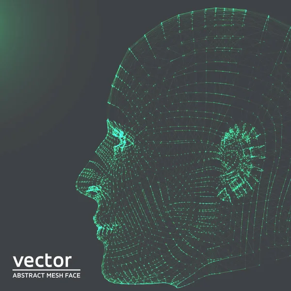 Ilustración de vectores de cara de malla Cyborg verde de inteligencia artificial sobre fondo gris - Plantilla de presentación de negocios futurista — Archivo Imágenes Vectoriales