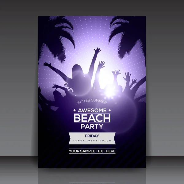 Танцующие силуэты молодых людей на летней пляжной вечеринке - шаблон фиолетового флаера - дизайн стола — стоковый вектор