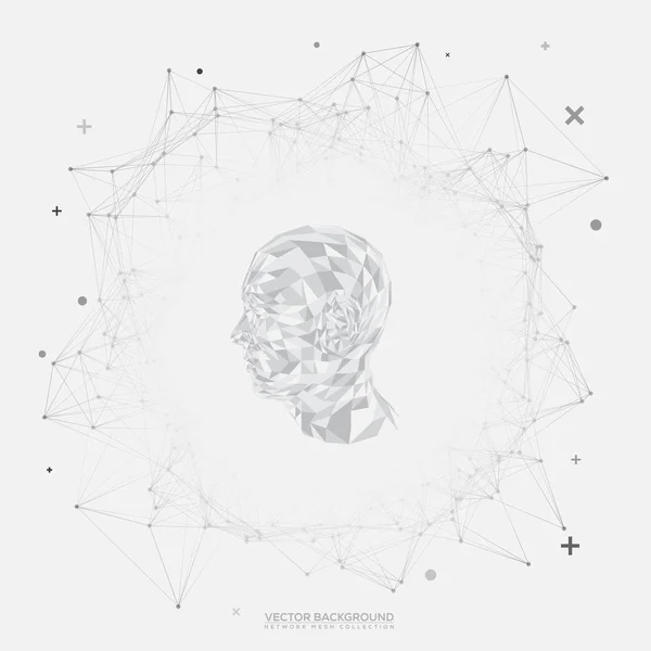 Black and White Round Network Wireframe with Robotic Polygons Head on White Background Vector - Futuristic Humanoid Design — Stock Vector