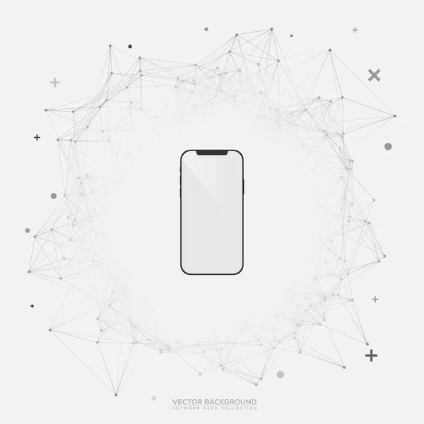 Black and White Round Network Wireframe with Mobile Phone on White Background Vector - Cloud Computing - Mobile Network and Communication Design — Stock Vector