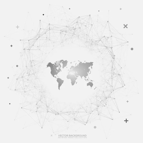 黒と白の白い背景のベクトル - 上の世界地図とネットワークのワイヤ フレーム ラウンド クラウドコンピューティング - ネットワーク接続の設計 — ストックベクタ
