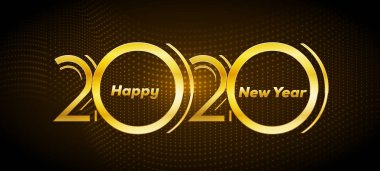 Noktalı Vektör Arkaplanı üzerine Mutlu Yıllar Metni olan Altın 2020 Tasarım Davetiye Kartı