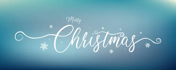 雪の結晶のデザインの青いボケの冬の休日のデザインへのメリークリスマス白い書道 ベクトルイラスト — ストックベクタ
