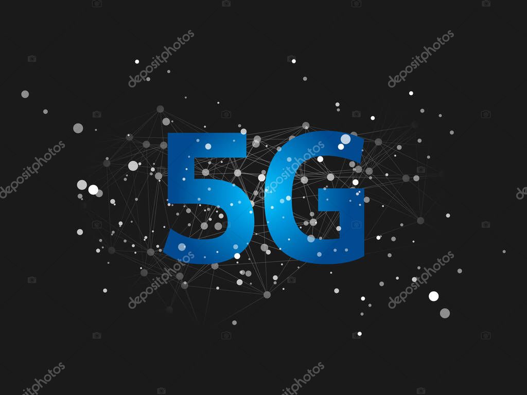 Vector of 5G Network logo over wireframe mesh - High Speed, Broadband Mobile Telecommunication and Wireless IoT Systems Design Concept.