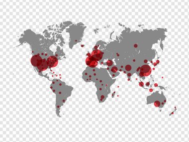 Covid-19, Covid 19 haritası dünya çapında vaka olduğunu doğruladı. Coronavirus hastalığı 2019 dünya çapında durum güncellemesi. Haritalar koronavirüsün nerede yayıldığını gösteriyor, şeffaf arkaplan üzerinde grafik.
