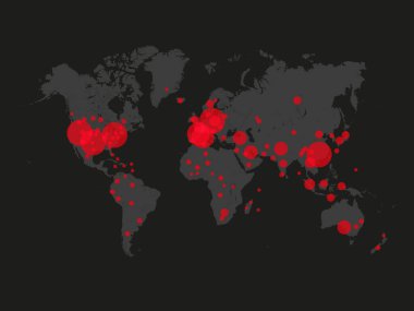 Covid-19, Covid 19 haritası dünya çapında vaka olduğunu doğruladı. Coronavirus hastalığı 2019 dünya çapında durum güncellemesi. Haritalar koronavirüsün nerede yayıldığını gösteriyor. Koyu gri arka planda grafikler..