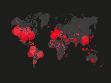 Covid-19, Covid 19 haritası dünya çapında vaka olduğunu doğruladı. Coronavirus hastalığı 2019 dünya çapında durum güncellemesi. Haritalar koronavirüsün nerede yayıldığını gösteriyor. Koyu gri arka planda grafikler..