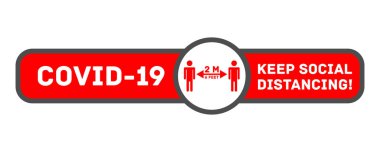 Covid-19 Sosyal Mesafeyi Koru Etiketi Tasarımı, Sancak veya Web Sitesi Düğmesi. Dikkat koronavirüs. Coronavirus tehlikesi ve halk sağlığı risk hastalığı ve grip salgını. Vektör illüstrasyonu