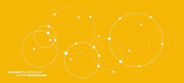 Üst üste binen daireler, noktalar ve çizilmiş dairelerle soyut vektör çizimi. Bilim ve bağlantı konsepti. Geniş molekül yapısı arkaplanı.