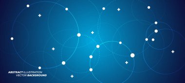 Üst üste binen daireler, noktalar ve çizilmiş dairelerle soyut vektör çizimi. Bilim ve bağlantı konsepti. Geniş molekül yapısı arka planı. Web tasarımı, afiş veya sunum için kullanılabilir.