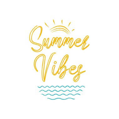 Soyut güneş ve deniz dalgaları tasarımlı Summer Vibes logosu. Yaz afişi, etiket, poster, broşür için Vektör İllüstrasyonu.
