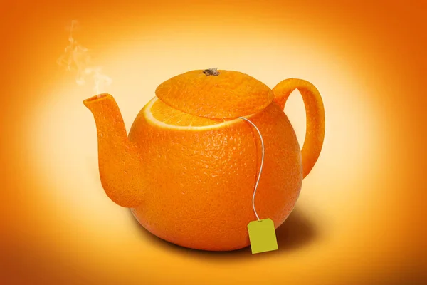 Turuncu çay. Fotoğraf manipülasyon. Yeşil çay bir çaydanlık — Stok fotoğraf