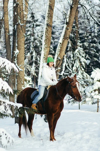 Menina bonita e cavalo no inverno — Fotografia de Stock