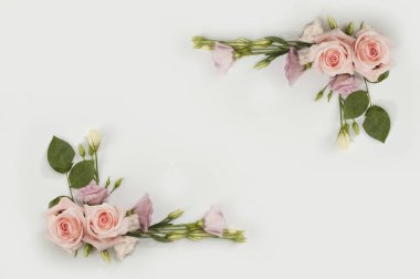 Yeşil desenli çiçeklerden yapılmış çerçeve ve izole edilmiş beyaz arka planlı temiz kopya alanı. Üst görünüm