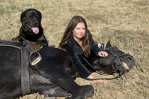 Jovem equitação menina e rottweiler — Fotografia de Stock