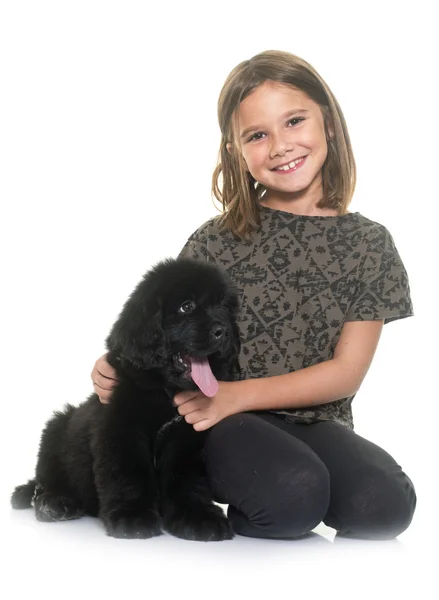 Pentu newfoundland koira ja lapsi — kuvapankkivalokuva