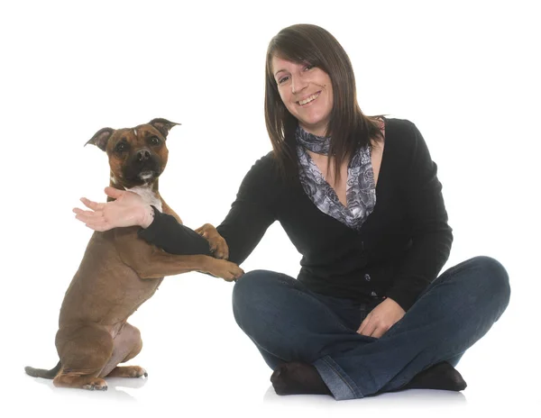 Woman and staffordshire bull terrier — Stock Photo, Image