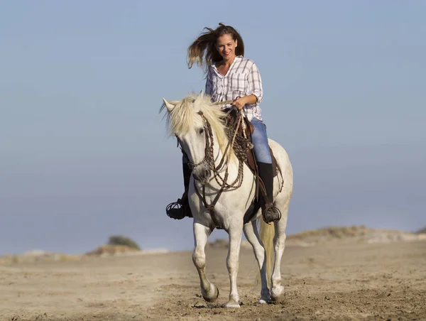 해변에 horsewoman — 스톡 사진