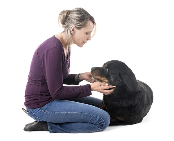 Adult Rottweiler Och Kvinna Framför Vit Bakgrund — Stockfoto