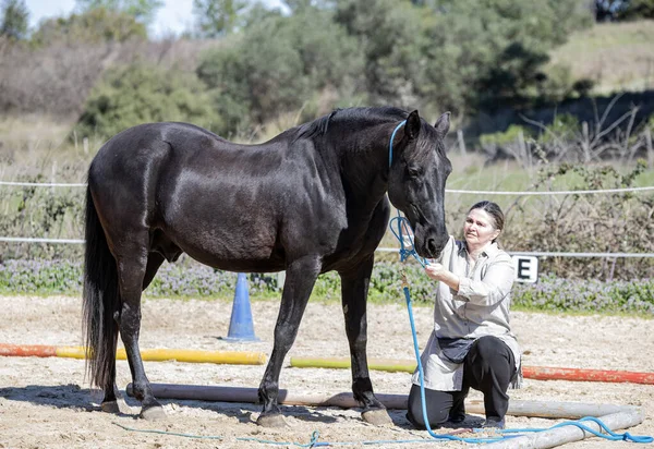 Montando Chica Están Entrenando Negro Caballo — Foto de Stock