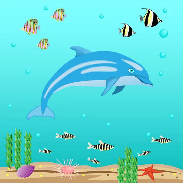 Monde sous-marin avec dauphins et poissons Illustrations De Stock Libres De Droits