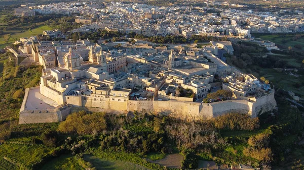 Flygfoto Mdina Den Tysta Staden Vid Soluppgången — Stockfoto