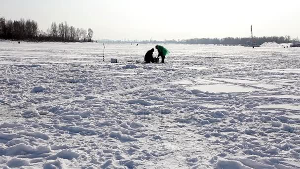 Pêche hivernale sur glace de rivière — Video