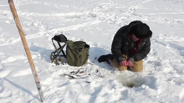 Pêche hivernale sur glace de rivière — Video