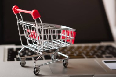 Online alışveriş. Bir dizüstü bilgisayar ve beyaz arka plan üstten görünüm üzerinde mini alışveriş sepeti yakın banka kartı. 