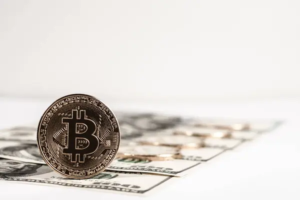 Nuovi Soldi Virtuali Bitcoin Oro Noi Dollari Sfondo Criptovaluta Concetto — Foto Stock