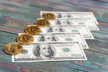 Bitcoin altın madeni para yeni sanal para ve Doları arka plan