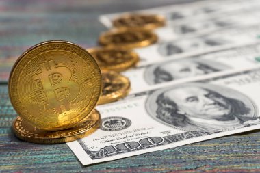 Bitcoin altın madeni para yeni sanal para ve Doları arka plan