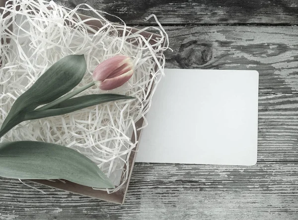 Tulips bunch on dark barn wood planks background