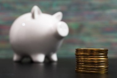 Bir altın bitcoin jeton ile beyaz piggy banka