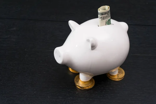 Fehér piggy bank egy arany bitcoin érme — Stock Fotó