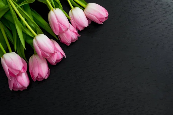 Bordüre aus leuchtend rosa Tulpenblüten auf schwarzem Holzhintergrund. — Stockfoto