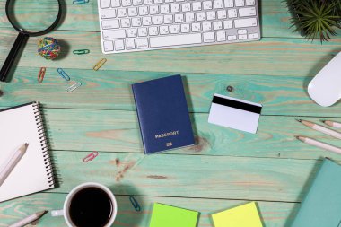 Seyahat arka plan, turizm ve tatil Planlama, üstten görünüm, ahşap beyaz alanı Kopyala