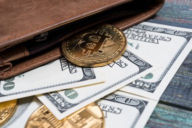 Bitcoin altın madeni para yeni sanal para ve Doları arka plan