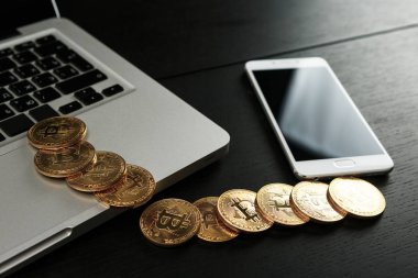 Bitcoin para sembolü dizüstü finansal para birimi Kripto para birimi işareti gelecek kavramı