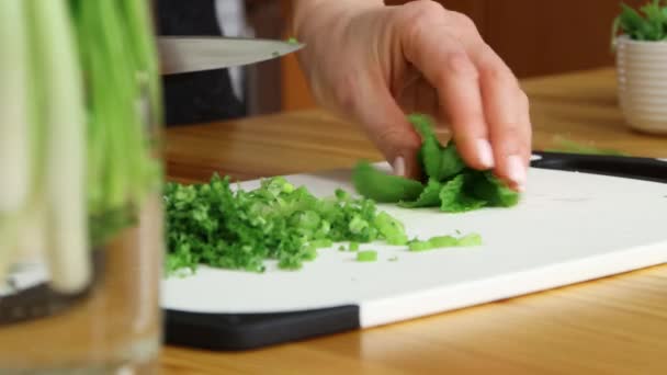 Picar hojas de menta en la tabla de cortar — Vídeos de Stock