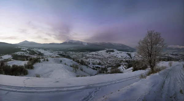 Valle montañoso de los Cárpatos cubierto de nieve fresca. Majestuoso lan — Foto de Stock