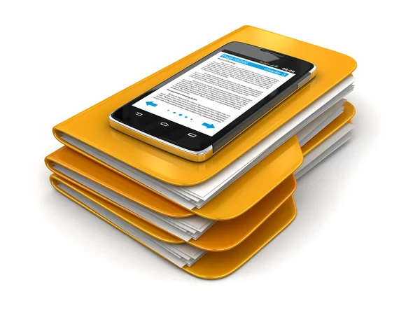 Folders and files with Touchscreen smartphone. Image with clipping path — Stock Photo, Image