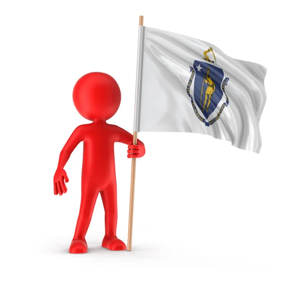 Man and flag of the US state of Massachusetts. Imagen con ruta de recorte — Foto de Stock