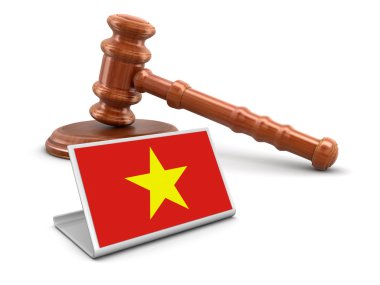 3D ahşap çekiç ve Vietnam bayrağı. Görüntü kırpma yolu ile