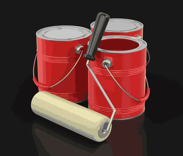 Rodillo de pintura y latas de pintura. Imagen con ruta de recorte — Vector de stock